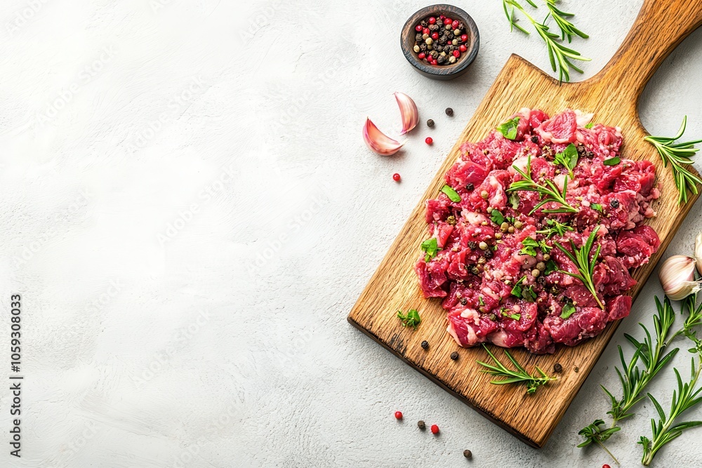 Uncooked minced beef with herbs and rosemary on a wooden board against a light backdrop suitable for a menu or recipe display aerial view Uncooked minced beef with herbs and rosemary on a wooden board against a light backdrop suitable for a menu or recipe display aerial view