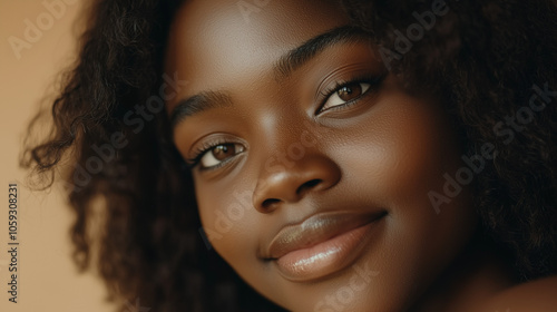 Smiling African Woman with Natural Curls and Flawless Skin