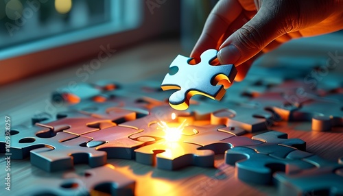 Hand Placing a Puzzle Piece with Glowing Light Effect Representing Problem Solving