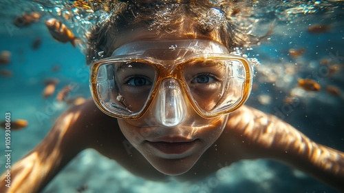 A young boy wearing a diving mask looks up at the camera while snorkeling in the ocean.