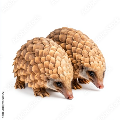 Two adorable pangolins with distinctive scales, showcasing their unique appearance and adorable features on a white background. photo