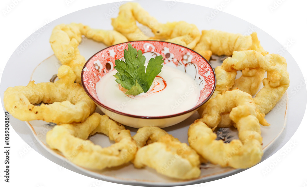 onion rings in breadcrumbs, lying on a plate with sauce onion rings in breadcrumbs, lying on a plate with sauce