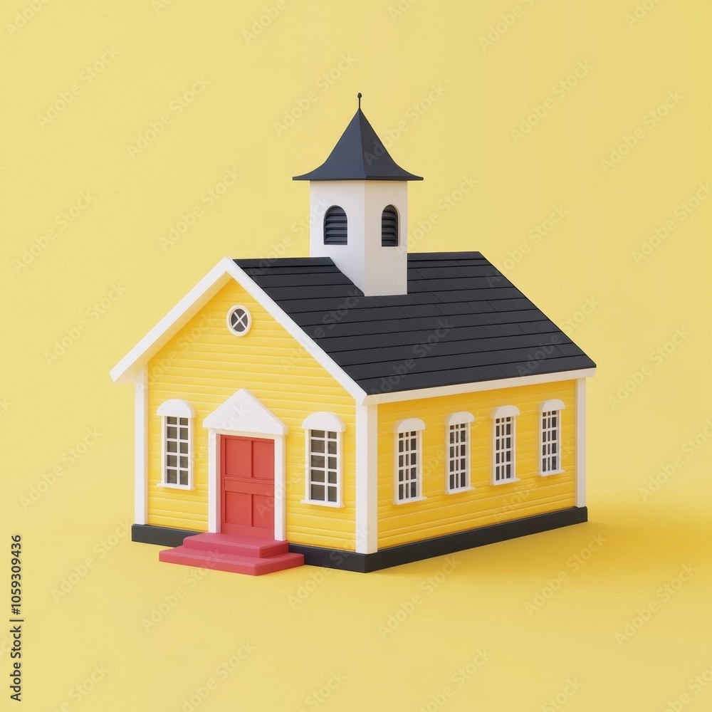 Charming Yellow Church with Black Roof and Red Door on Vibrant Yellow Background Charming Yellow Church with Black Roof and Red Door on Vibrant Yellow Background
