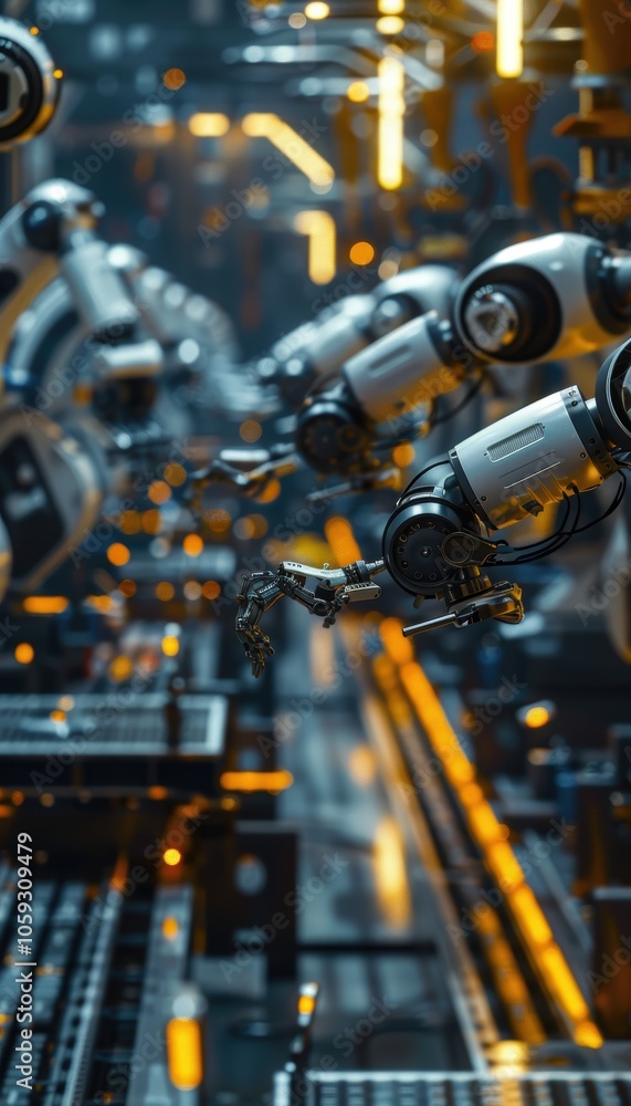 Fototapeta premium Futuristic Smart Factory with Robotic Arms Assembling Home Automation Devices