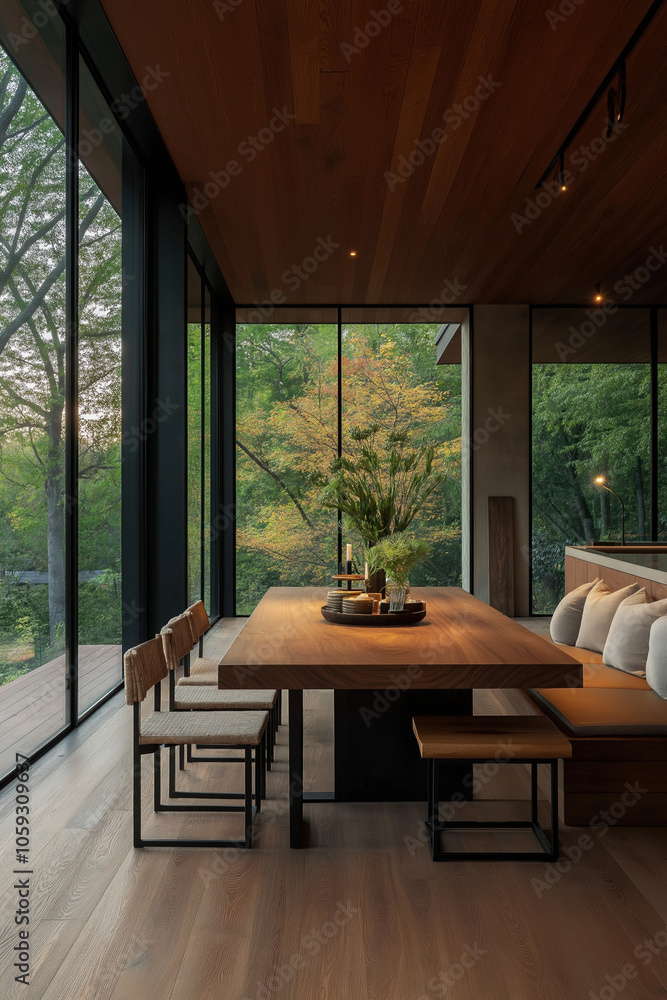 Fototapeta premium Modern dining area with large windows overlooking a serene forest in the evening light