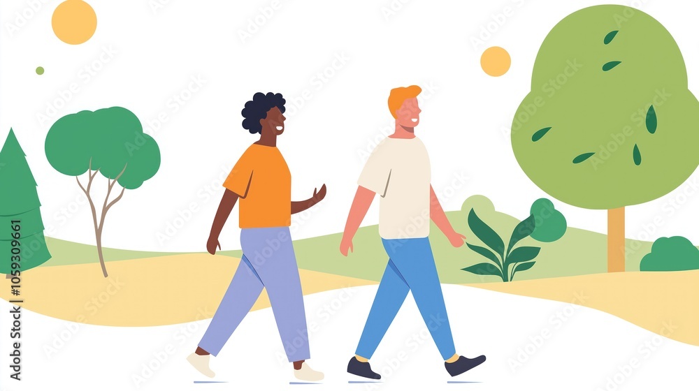 Diverse friends walking together in a colorful park landscape Diverse friends walking together in a colorful park landscape