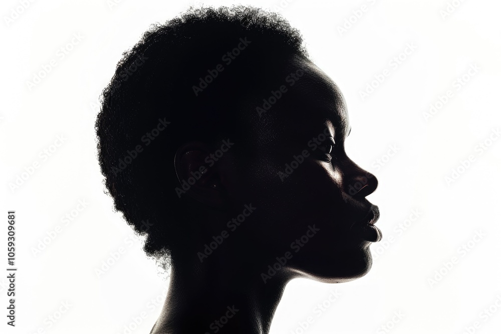 Black profile of an African woman on a white background shaded silhouette head and shoulders. Black profile of an African woman on a white background shaded silhouette head and shoulders.