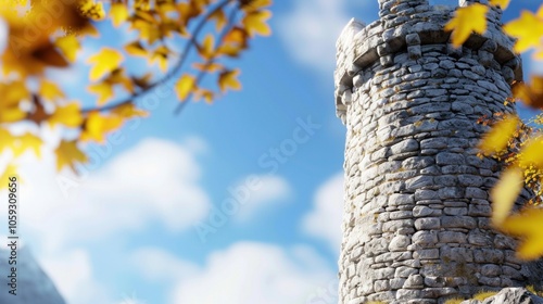 Stone castle tower with autumn leaves against blue sky