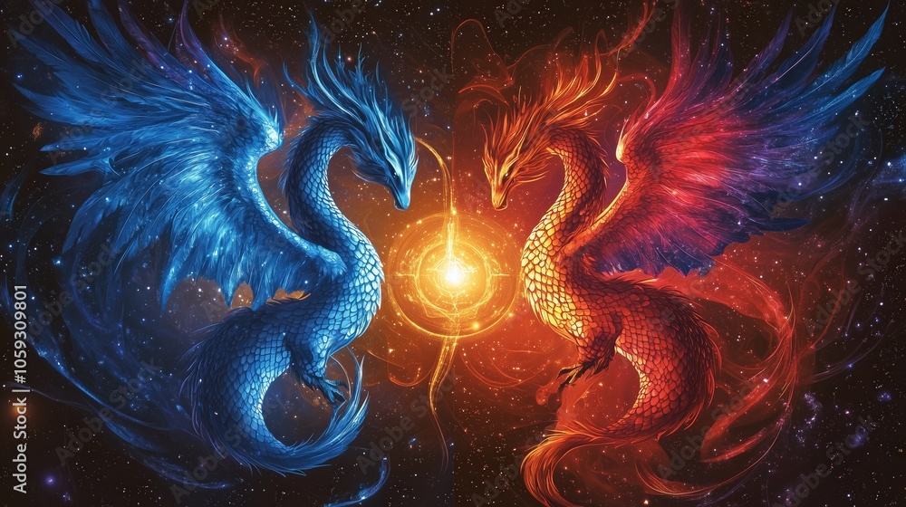 Cosmic Battle of Blue and Red Dragons Cosmic Battle of Blue and Red Dragons