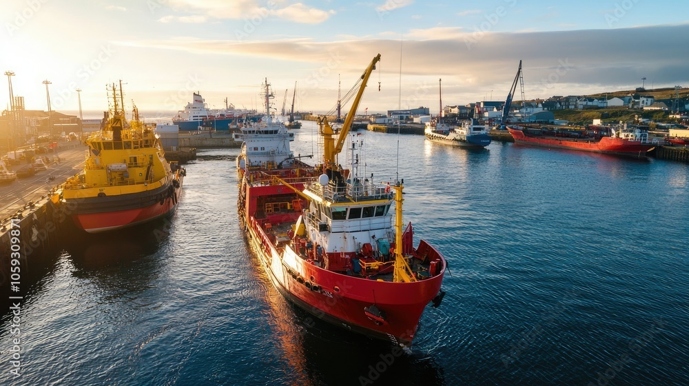 Fototapeta premium Vibrant maritime activity a busy harbor scene with vessels at dock