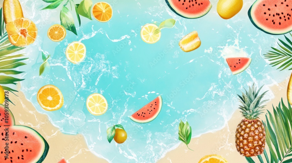 Dive into a tropical paradise with slices of watermelon and citrus fruits, refreshing ice cubes, and bright yellow juice creating a lively summer atmosphere Dive into a tropical paradise with slices of watermelon and citrus fruits, refreshing ice cubes, and bright yellow juice creating a lively summer atmosphere