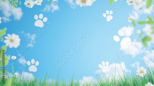 Whimsical sky with paw prints and daisies in a sunny field