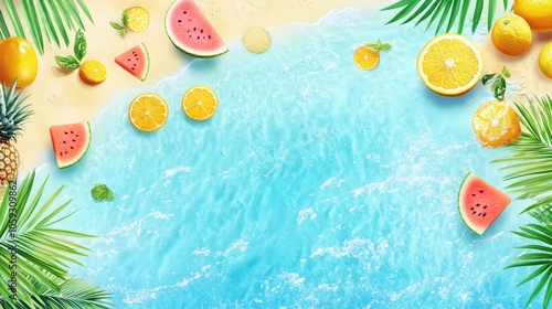 Enjoy a vibrant summer scene with juicy watermelon, zesty citrus slices, and refreshing ice cubes, all floating in bright yellow juice that captures the essence of summer fun