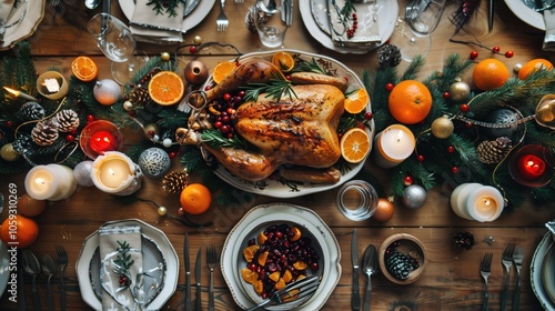 Festive holiday feast with roast turkey and seasonal decorations on a rustic table for Christmas