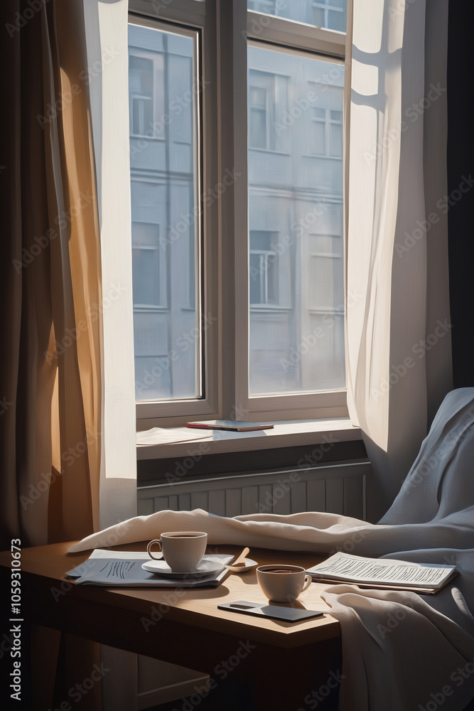 Fototapeta premium Cozy morning setting with sunlight streaming through the window in a quiet room