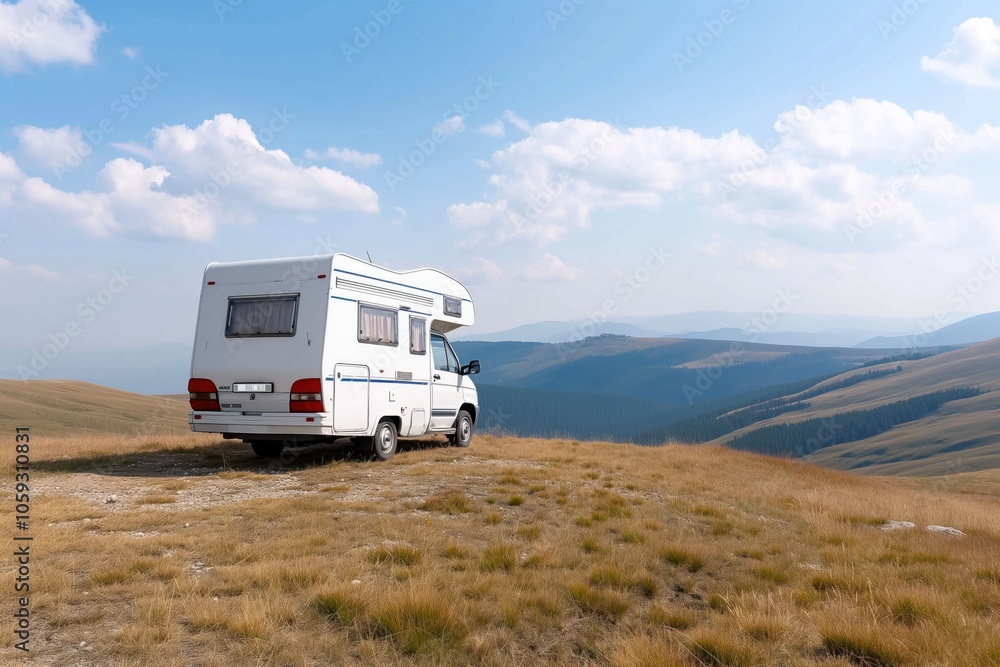Camper van on scenic hilltop overlooking vast mountain landscape under blue skies Camper van on scenic hilltop overlooking vast mountain landscape under blue skies