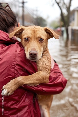 Wet dog being rescued during flood by caring individual in red jacket