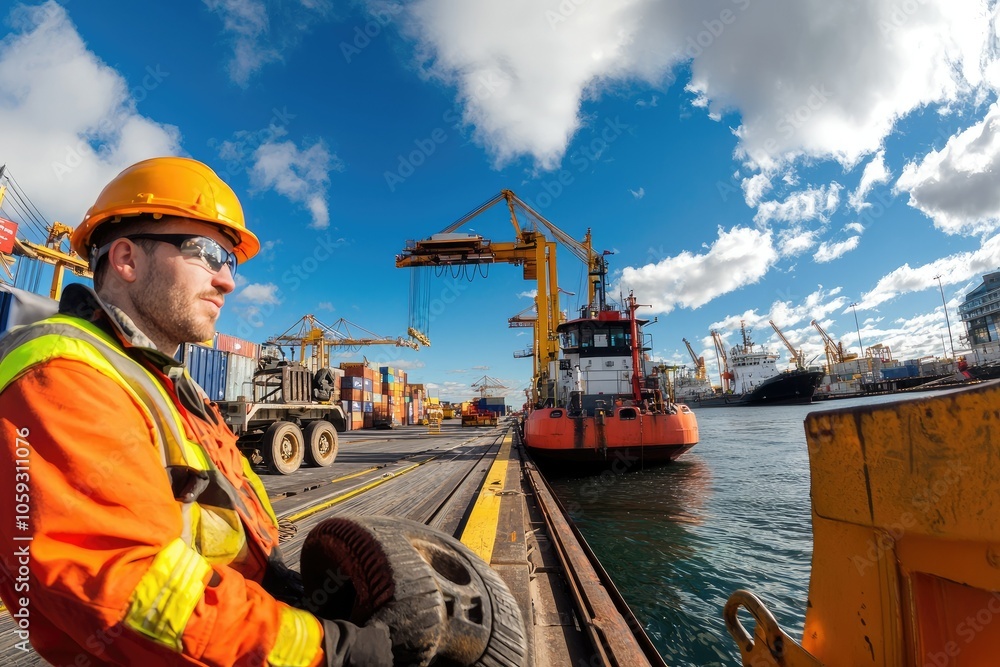 Wide-angle perspective of cargo operations at a busy marine dock under clear skies Wide-angle perspective of cargo operations at a busy marine dock under clear skies