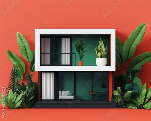 Multilevel isometric house with indooroutdoor spaces, lush greenery, Isometric house modern, biophilic design photo