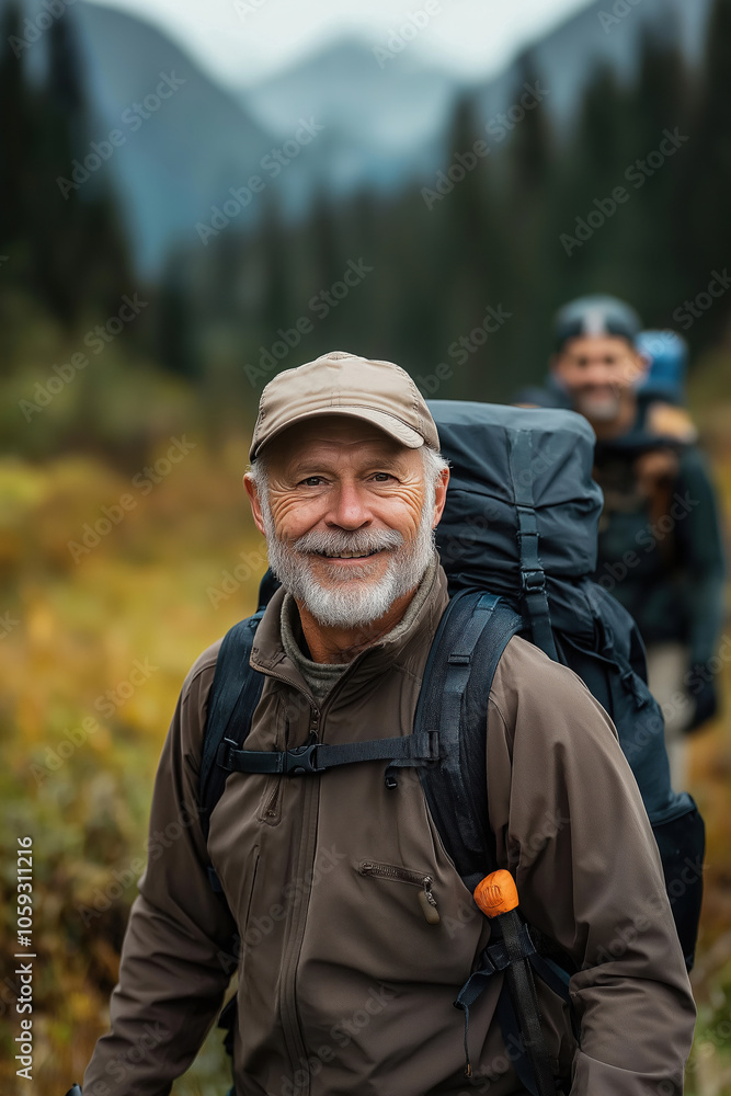 Senior hiker enjoying nature while exploring a scenic mountain trail with friends Senior hiker enjoying nature while exploring a scenic mountain trail with friends