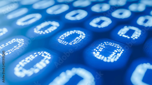 A close-up, abstract view of glowing binary digits in blue light, representing digital technology, programming, and the concept of data in the digital world