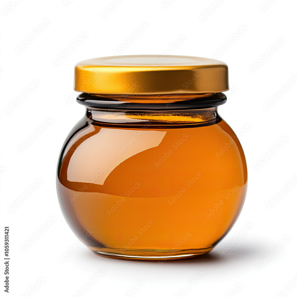 Jar of honey with a golden lid, on a white isolated background. Jar of honey with a golden lid, on a white isolated background.