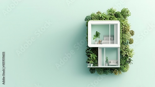 Compact, ecoefficient isometric house with green walls, lush garden, Isometric house modern, ecoinspired photo