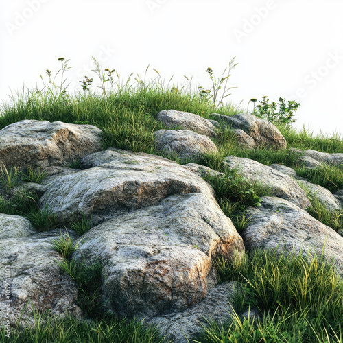 Rugged rocks surrounded by lush green grass on a white isolate background. photo