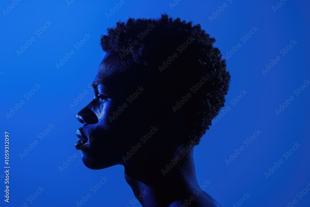 Side view profile outline of African American male silhouette against deep blue background Side view profile outline of African American male silhouette against deep blue background