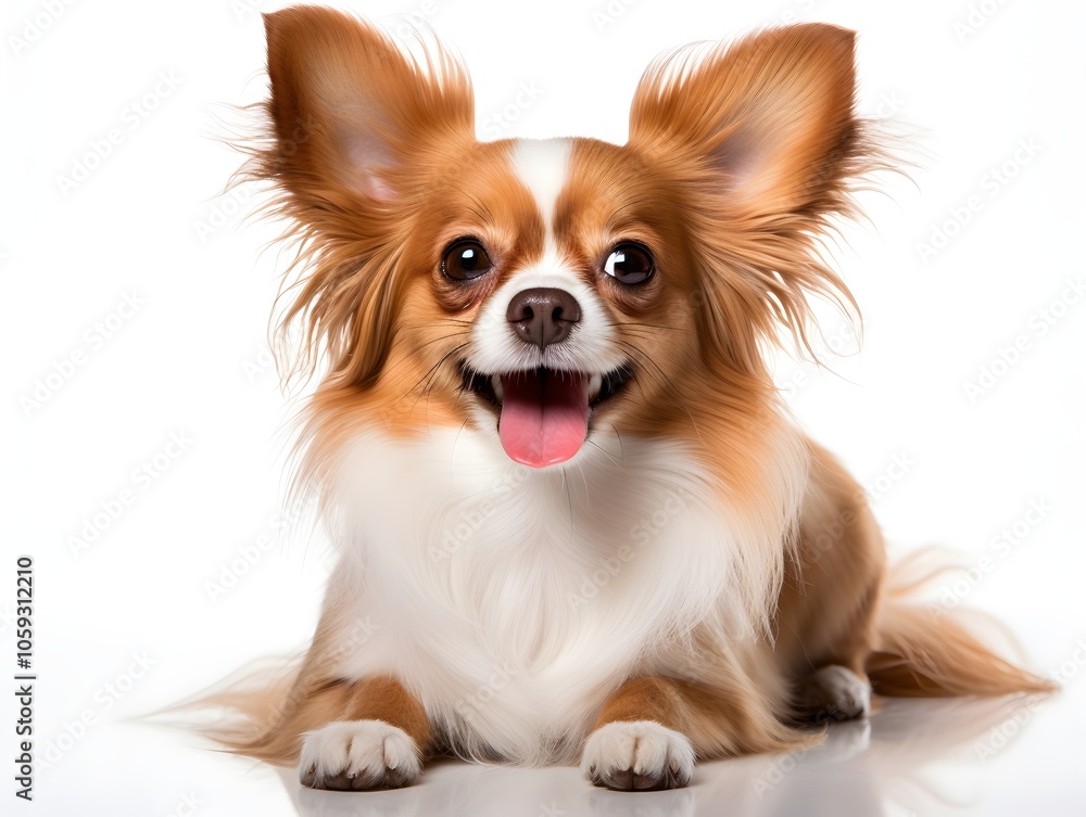 : This joyful dog, with fluffy brown and white fur, is lying down on a plain white background. Its bright eyes and wide smile bring out its playful and energetic nature.
: This joyful dog, with fluffy brown and white fur, is lying down on a plain white background. Its bright eyes and wide smile bring out its playful and energetic nature.