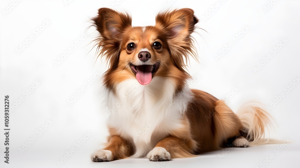 : This joyful dog, with fluffy brown and white fur, is lying down on a plain white background. Its bright eyes and wide smile bring out its playful and energetic nature.
: This joyful dog, with fluffy brown and white fur, is lying down on a plain white background. Its bright eyes and wide smile bring out its playful and energetic nature.