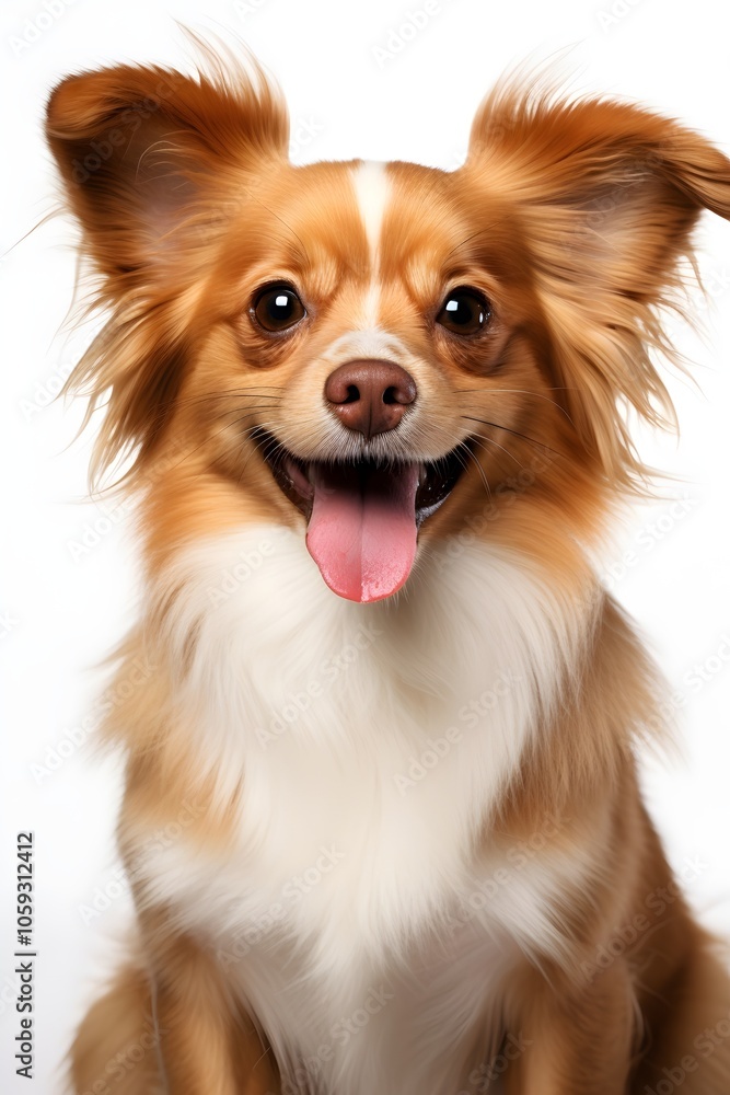 : This joyful dog, with fluffy brown and white fur, is lying down on a plain white background. Its bright eyes and wide smile bring out its playful and energetic nature.
: This joyful dog, with fluffy brown and white fur, is lying down on a plain white background. Its bright eyes and wide smile bring out its playful and energetic nature.