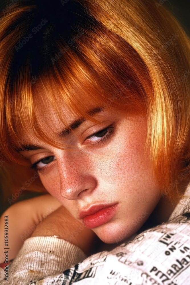 Close-up portrait of a young woman with red hair and freckles, looking down with a serious expression Close-up portrait of a young woman with red hair and freckles, looking down with a serious expression