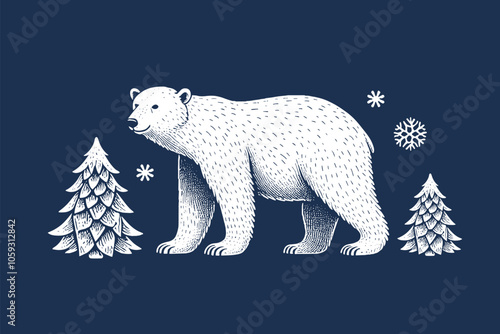 Cute hand drawn Polar bear, Christmas tree and snowflakes. Vector illustration, white on blue. Hand drawn, vintage element, cut out, Scandinavian style
