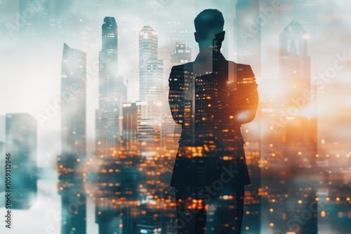 Wallpaper Mural Confident businessman leading team in abstract cityscape. Torontodigital.ca