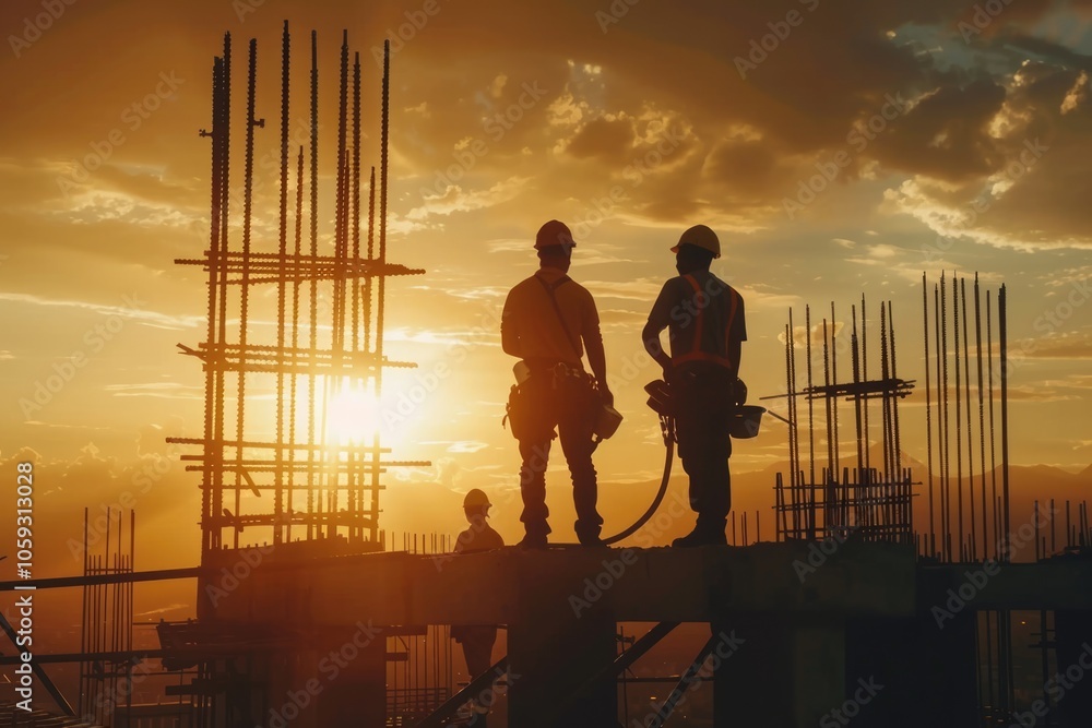Silhouette of Engineer and worker on building site construction site at sunset in evening time. Silhouette of Engineer and worker on building site construction site at sunset in evening time.