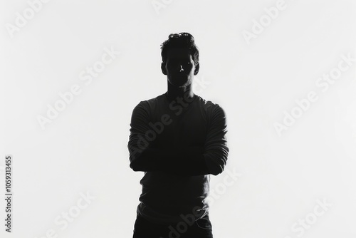 Silhouette of male person with arms crossed over white