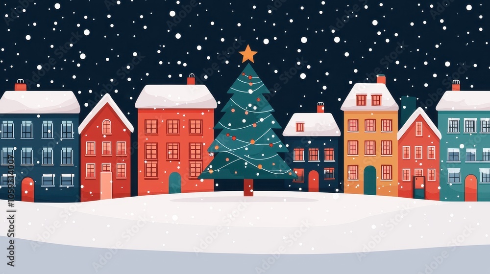 Fototapeta premium A colorful winter scene featuring cozy houses, a decorated Christmas tree, and falling snowflakes under a starry night sky.