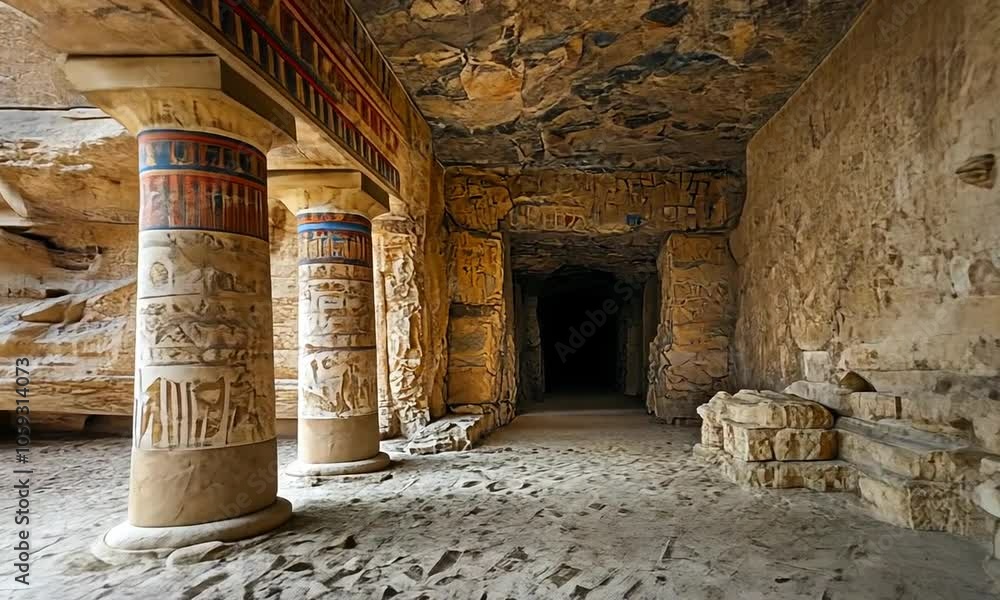 Ancient Egyptian tomb with colorful hieroglyphs and columns. vídeo de ...