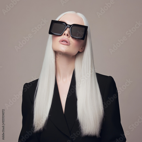 Fashion portrait stylish woman with long white hair and oversized square sunglasses