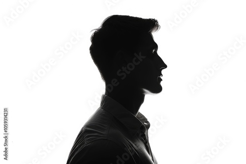 Silhouette of young man portrait in shirt with hand on studio isolated white background. Close up.
