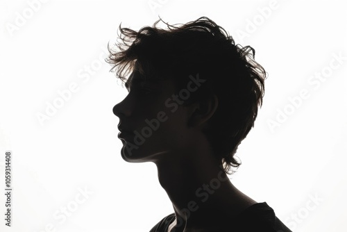 Silhouette portrait of young European man on white background.