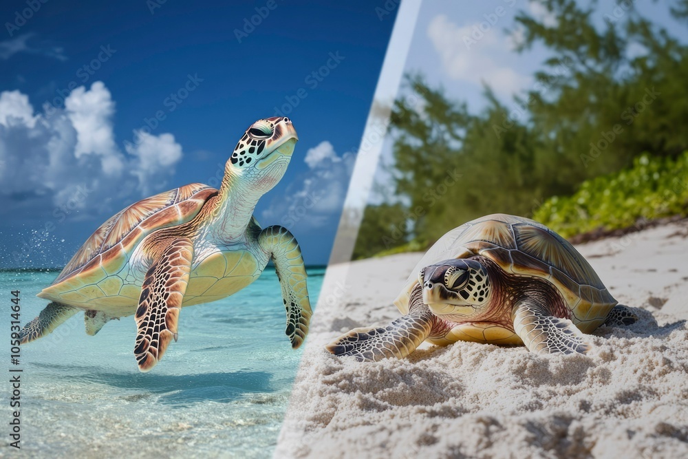 Obraz premium Sea Turtle Swimming in Crystal Clear Water and Relaxing on a Sandy Beach
