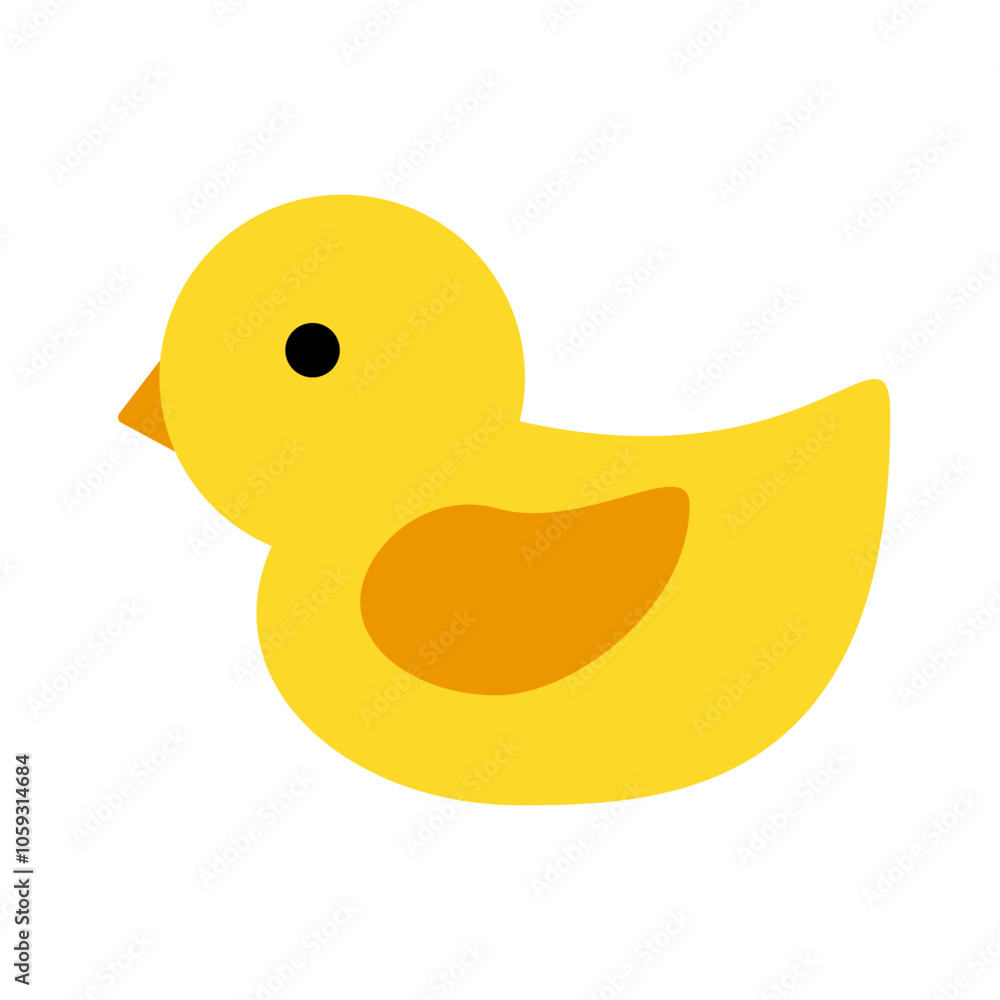 Fototapeta premium Yellow toy duckling. Cute yellow bird with beak for babys bath play and childish fun vector design