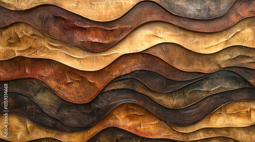 Abstract art with black, rust, and beige wave-like layers. photo