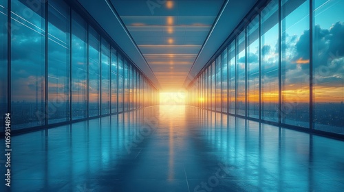 A long hallway with glass walls and a sunset view through the windows. The hallway is empty and the light from the sunset is shining through the windows.