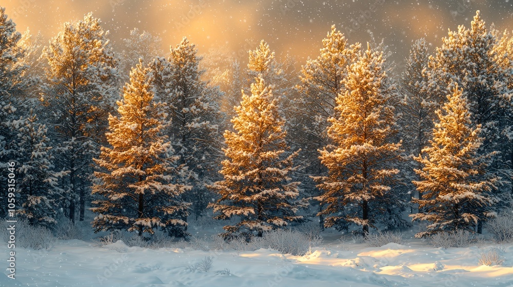 Fototapeta premium Golden Sunlight Illuminates Snow-Covered Pine Trees in a Winter Wonderland