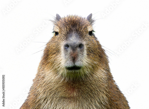 Frontal close-up view of a young Capybara (Hydrochoerus hydrochaeris), isolated on white background photo