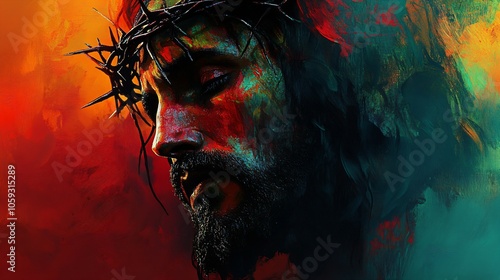 Abstract art. Colorful painting art of Jesus with a crown of thorns. Easter, Crucification or Resurrection concept. He is Risen 