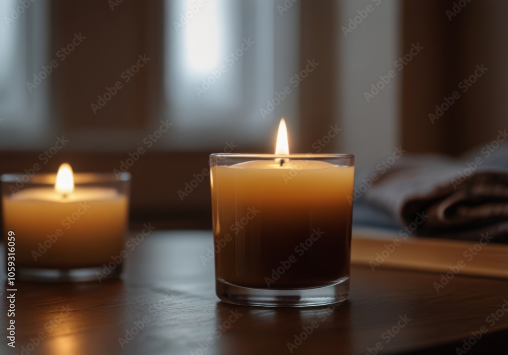aroma candle on the coffee table close-up, against the backdrop of the bedroom aroma candle on the coffee table close-up, against the backdrop of the bedroom